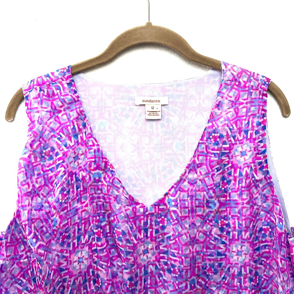 Sundance Silk Chiffon Faux Wrap Dress Kaleidoscope Purple Pink Geometric lined - Picture 2 of 10
